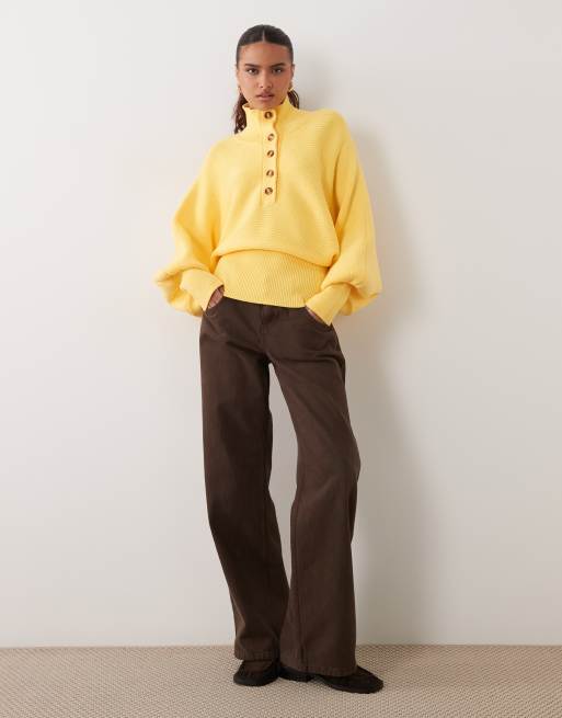 ASOS DESIGN structured ribbed nipped waist funnel neck sweater in yellow, 2 of 4