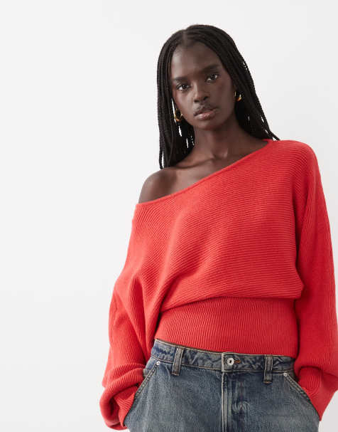 ASOS DESIGN structured ribbed nipped waist slash neck sweater in red - view 1