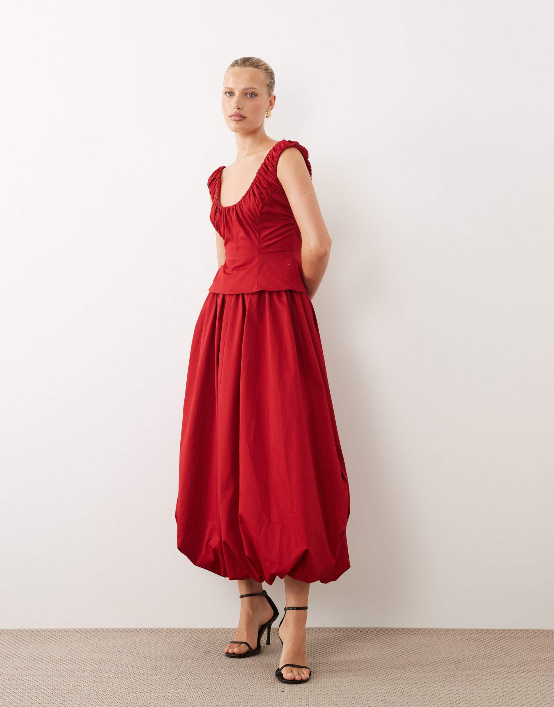 asos design structured ruched curve neck peplum midi dress in red