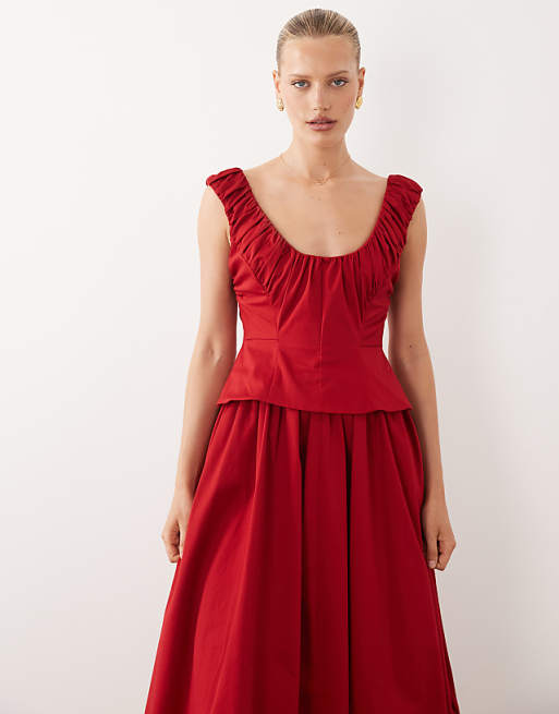 red peplum dress Womens Pencil Modest Structured Work Dress with Elbow Sleeves Navy / M streamlined finish ASOS Design - Ruched Peplum