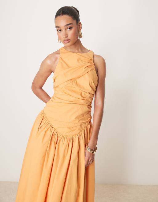 ASOS DESIGN structured ruched full skirt maxi dress in apricot