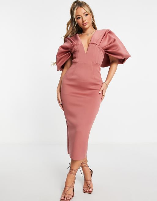 ASOS DESIGN structured ruched sleeve V neck pencil midi dress in rose ...