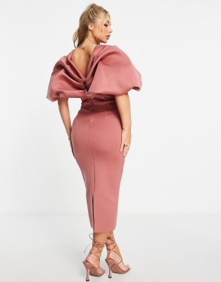 ASOS DESIGN structured ruched sleeve V neck pencil midi dress in rose