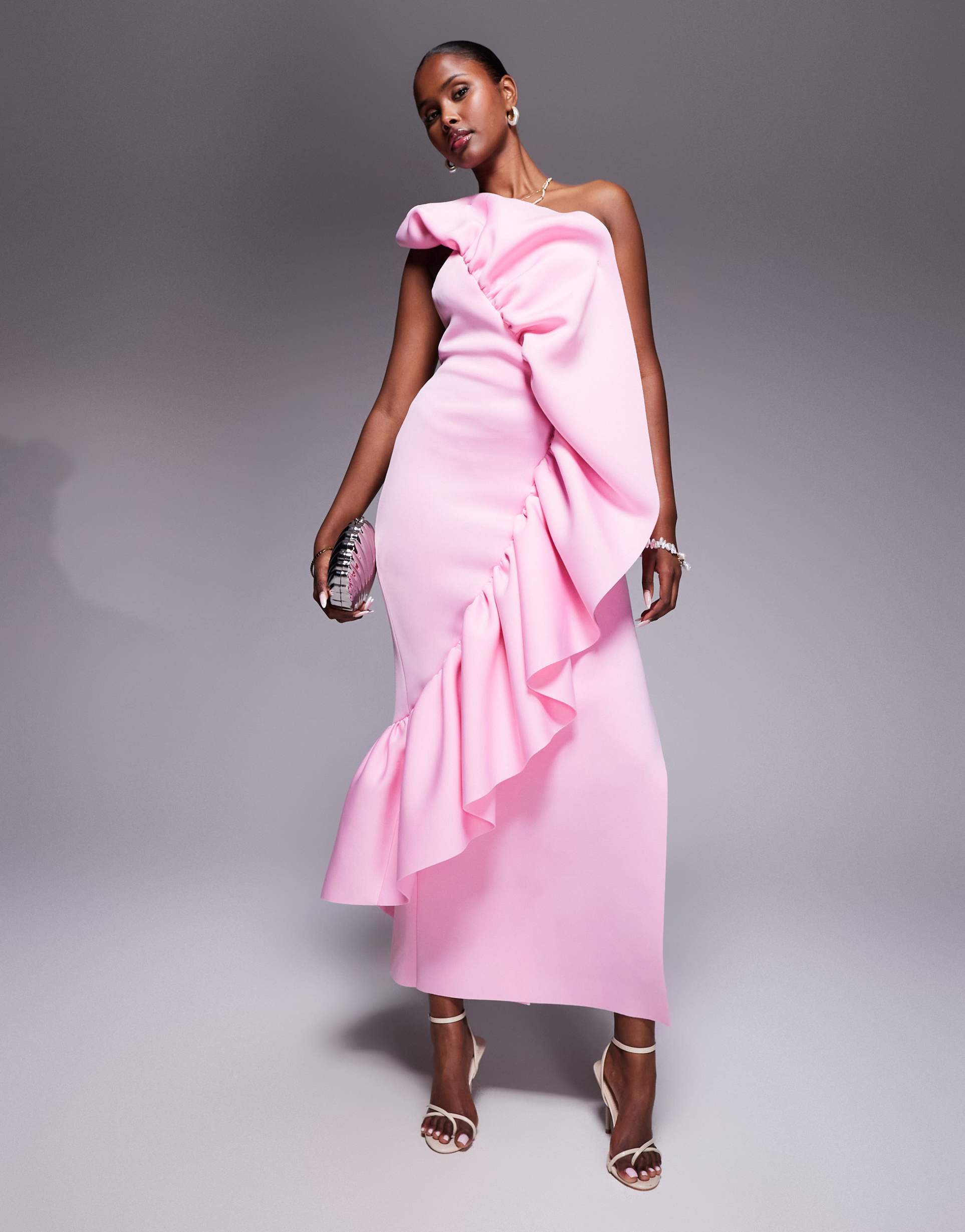 asos design structured ruffle bandeau maxi dress in pink in scuba-style fabric