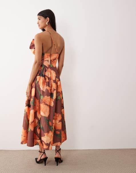 knee length dresses for ladies Rent ASOS DESIGN Bardot Satin Corset Wrap Midi Dress In Rose Print