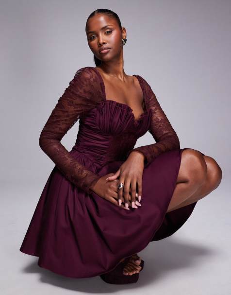 ASOS DESIGN structured ruffle hem mini dress with gathered sheer lace sleeve in mulberry