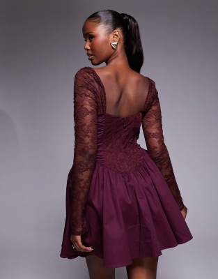 Asos Design Structured Ruffle Hem Mini Dress With Gathered Sheer Lace Sleeves In Burgundy
