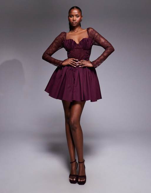 ASOS DESIGN structured ruffle hem mini dress with gathered sheer lace sleeves in mulberry