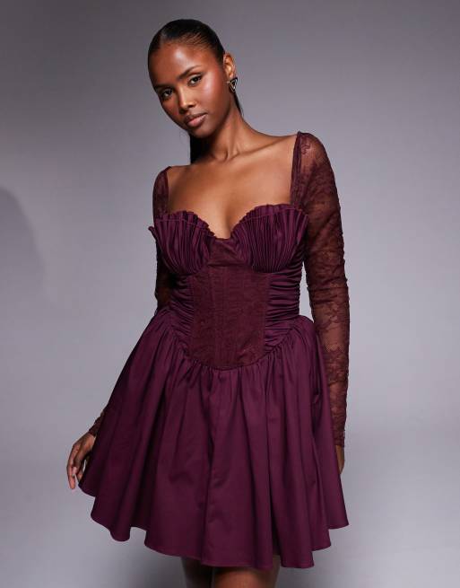 ASOS DESIGN structured ruffle hem mini dress with gathered sheer lace sleeves in mulberry