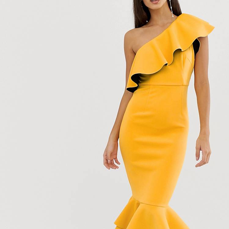 One Shoulder Ruffle Detail Bodycon Dress In Yellow | lupon.gov.ph