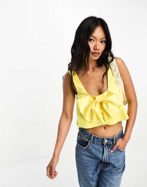 ASOS DESIGN structured satin cami with bow detail in yellow - view 1