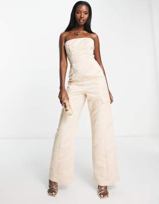 ASOS DESIGN structured satin cargo jumpsuit in ivory | ASOS