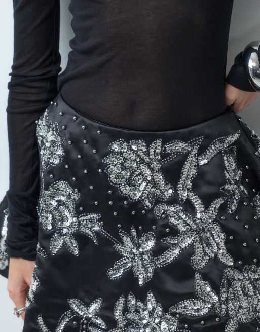 ASOS DESIGN structured satin embellished circle mini skirt in black, 4 of 5