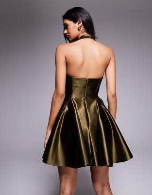 Asos Design Structured Satin Mini Dress With Halter Straps And Extreme Skirt In Green