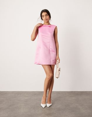 Asos Design Structured Satin Mini Shift Dress With Bow In Pink