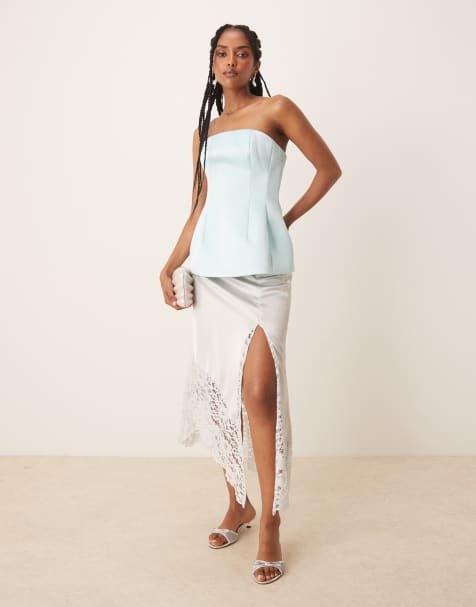 ASOS DESIGN structured satin peplum hem bandeau top in blue - view 1