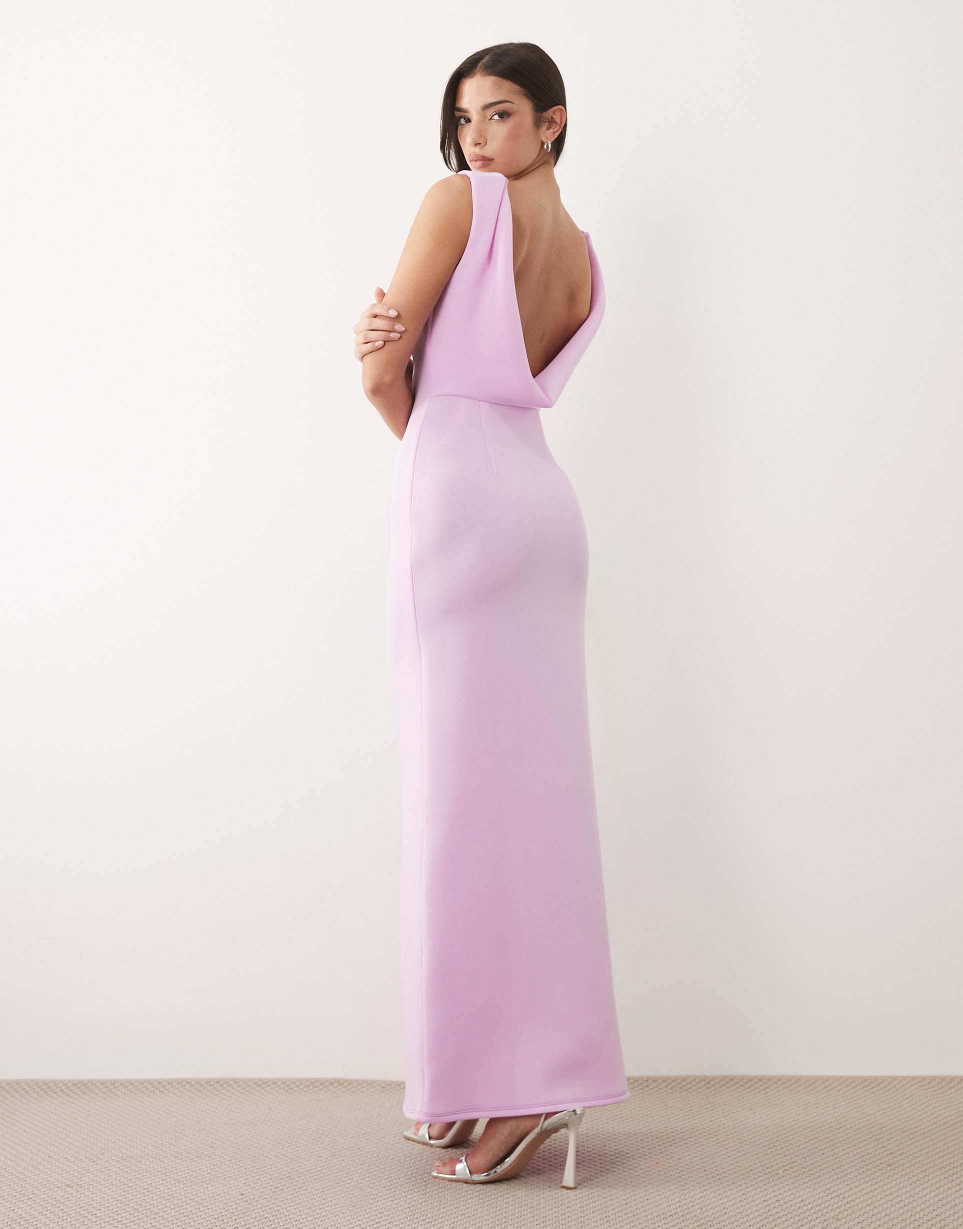 asos design structured scoop neck maxi dress with open back in lilac scuba-style fabric