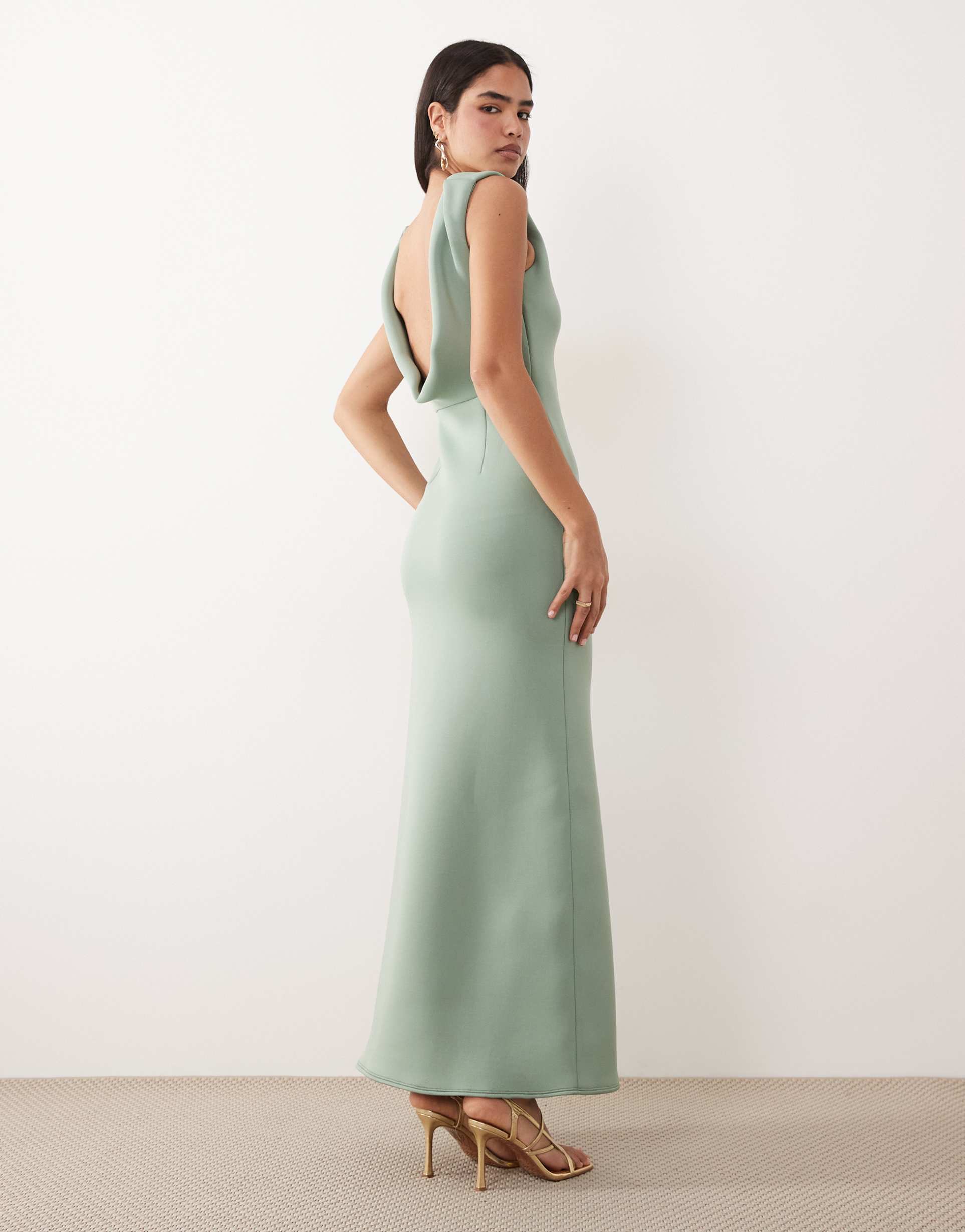 asos design structured scoop neck maxi dress with open back in sage scuba-style fabric