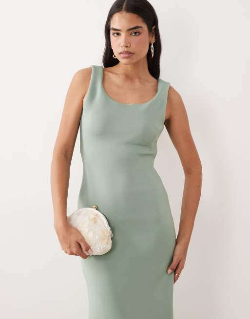 ASOS DESIGN structured scoop neck maxi dress with open back in sage scuba-style fabric, 4 of 4