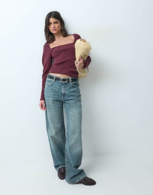 ASOS DESIGN structured scoop neck top in burgundy, 2 of 4