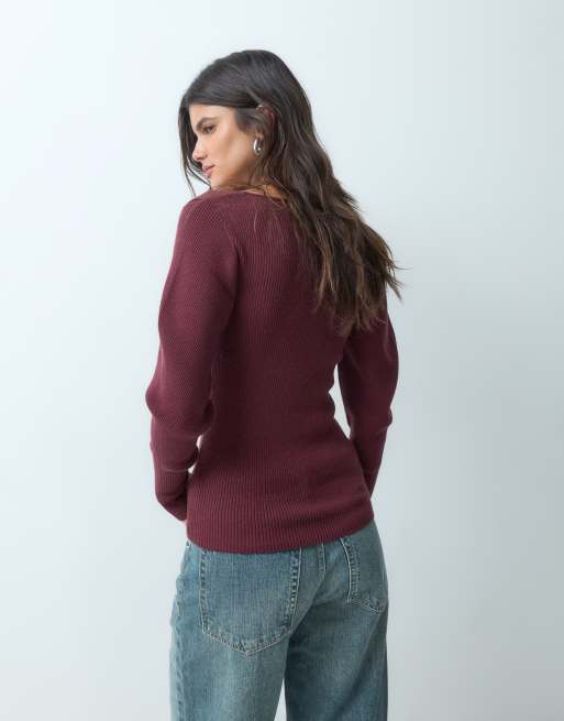 ASOS DESIGN structured scoop neck top in burgundy, 4 of 4