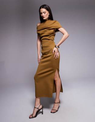 Asos Design Structured Scuba Midi Dress With Fallen Shoulder In Brown
