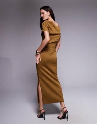 Asos Design Structured Scuba Midi Dress With Fallen Shoulder In Brown