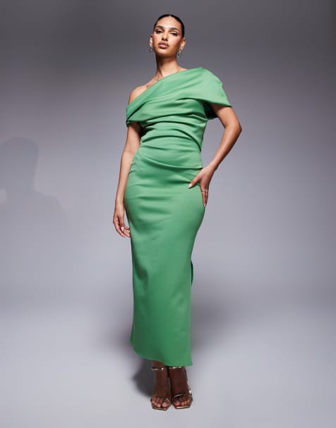 ASOS DESIGN structured scuba midi dress with fallen shoulder in green - view 1