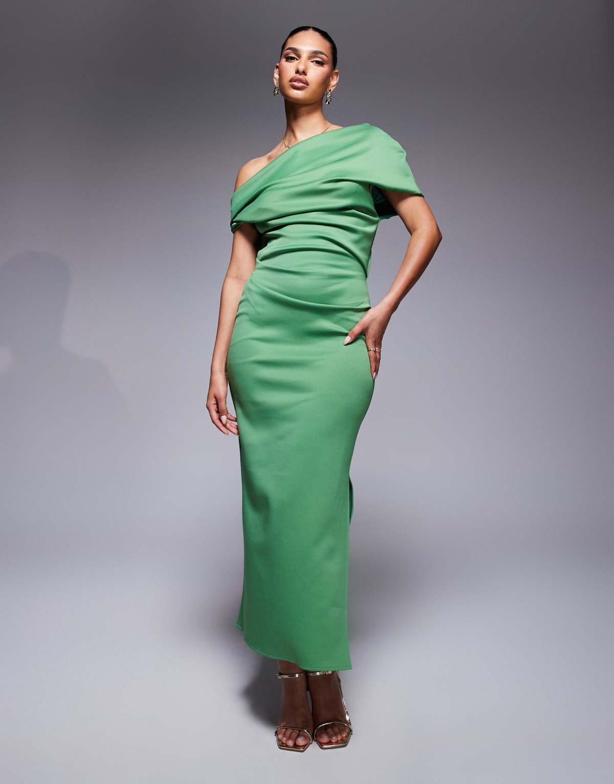 ASOS DESIGN structured scuba midi dress with fallen shoulder in green