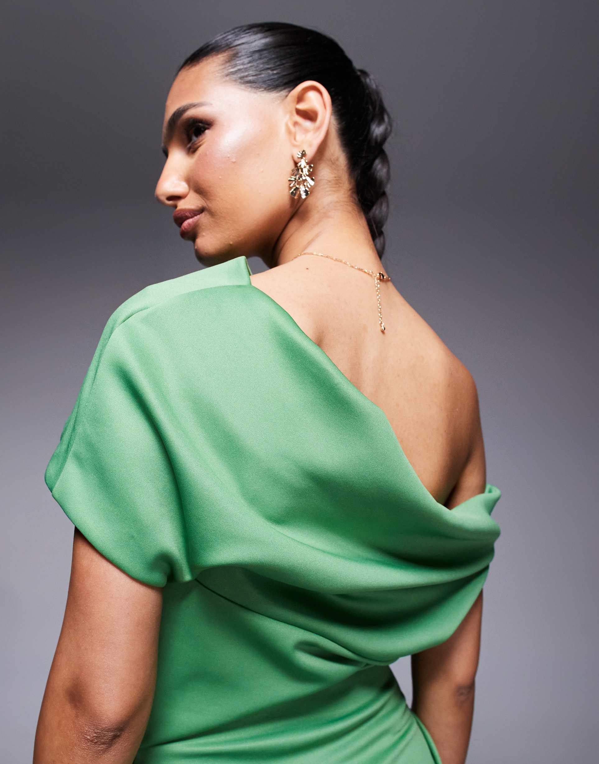 asos design structured scuba midi dress with fallen shoulder in green