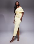 [ASOS DESIGN] ASOS DESIGN structured scuba midi dress with fallen shoulder in light yellow 6 Light Yellow