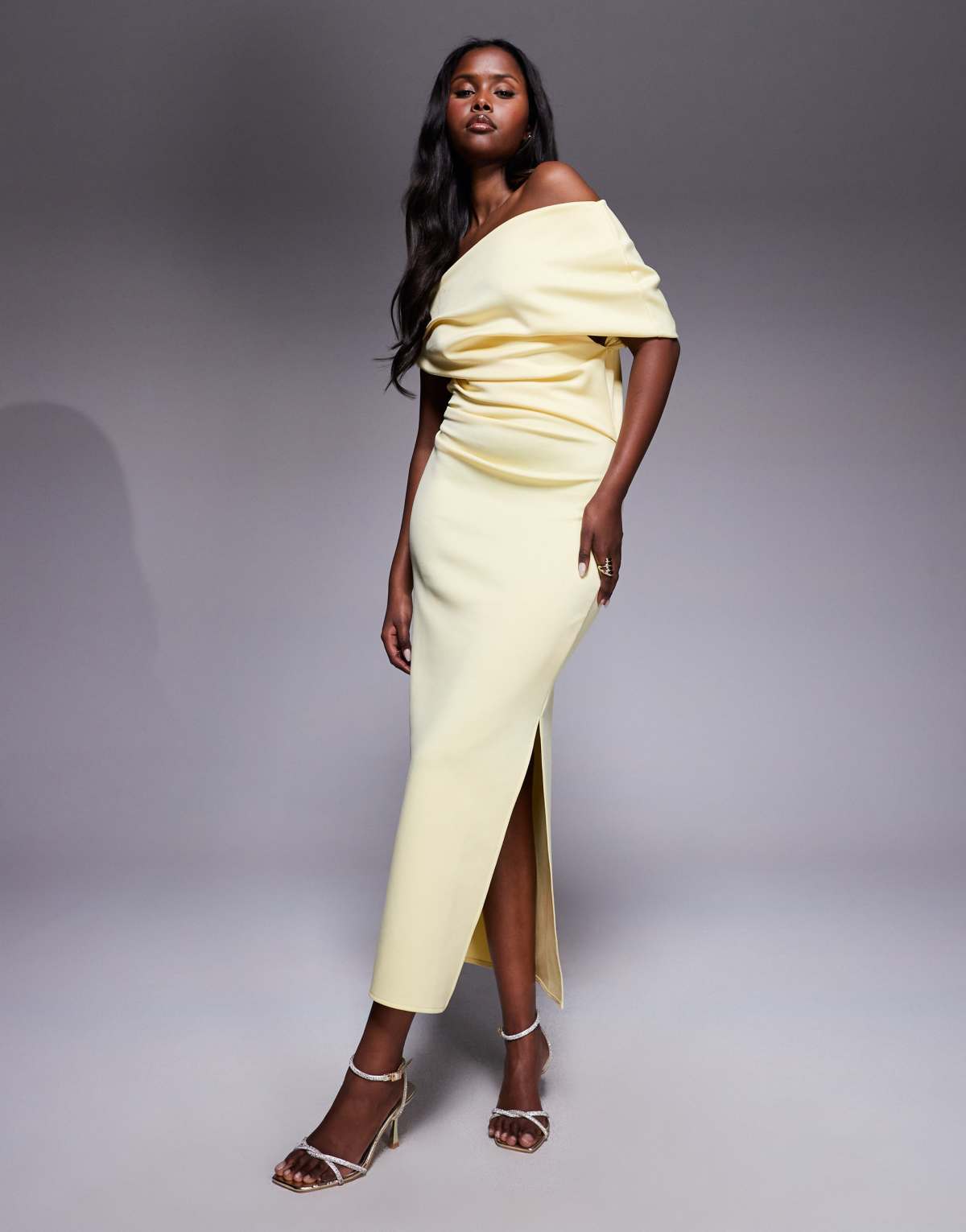 ASOS DESIGN structured scuba midi dress with fallen shoulder in light yellow