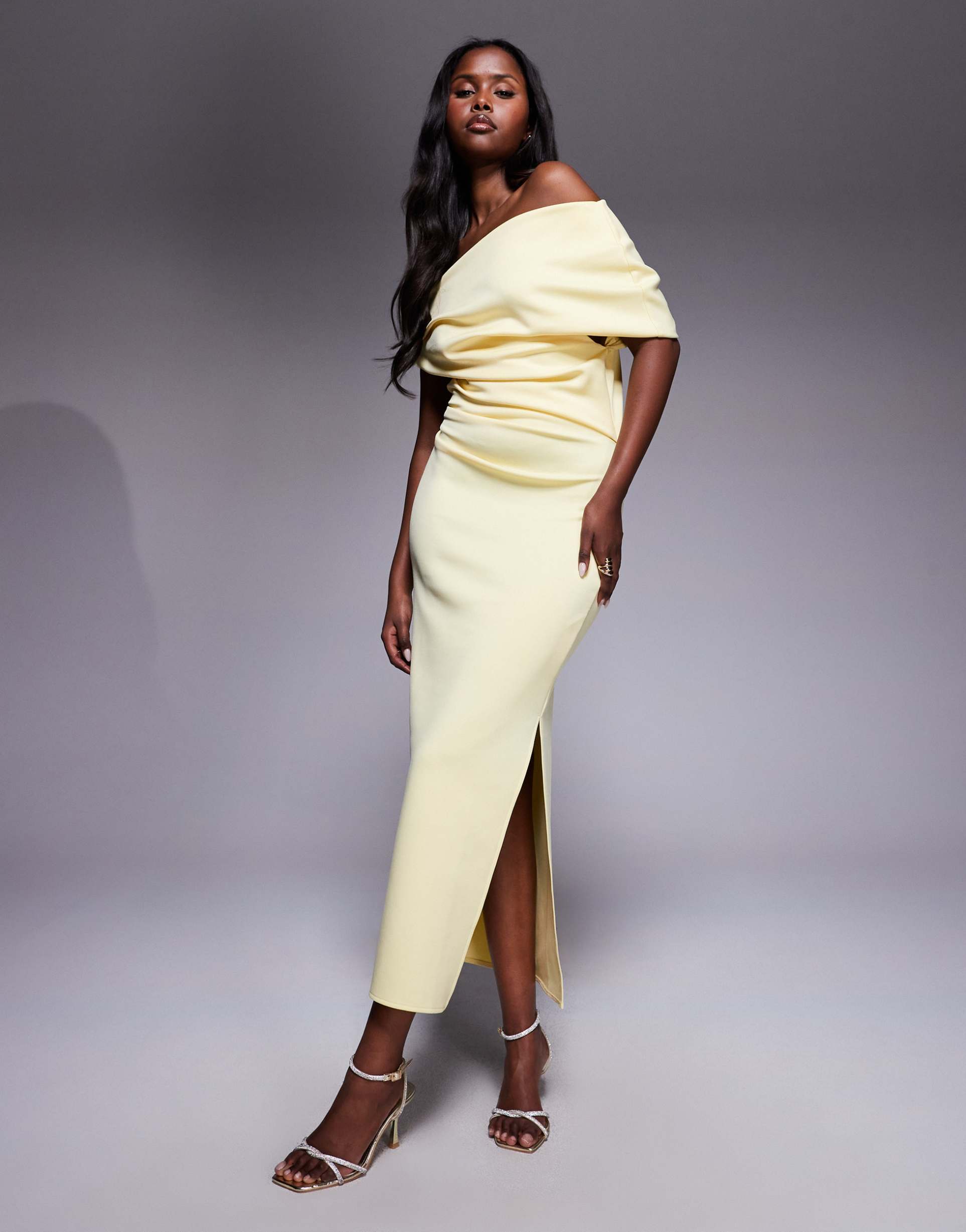 asos design structured scuba midi dress with fallen shoulder in light yellow
