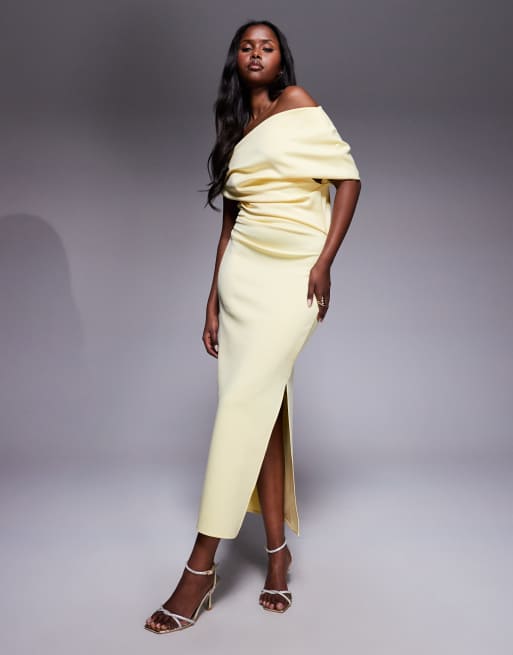 ASOS DESIGN structured scuba midi dress with fallen shoulder in light yellow