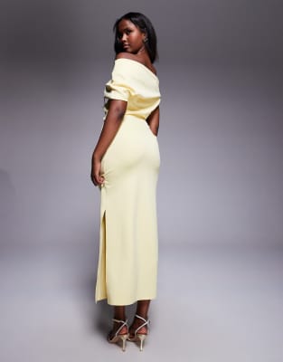 Asos Design Structured Scuba Midi Dress With Fallen Shoulder In Yellow
