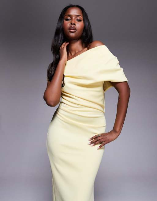 ASOS DESIGN structured scuba midi dress with fallen shoulder in light yellow