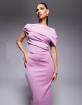 [ASOS DESIGN] ASOS DESIGN structured scuba midi dress with fallen shoulder in mauve-Pink 16 Mauve