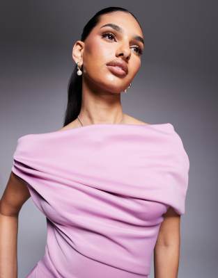 asos design structured scuba midi dress with fallen shoulder in mauve