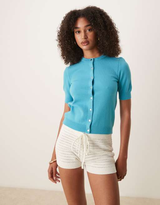 ASOS DESIGN structured short sleeve cardigan with silver buttons in aqua