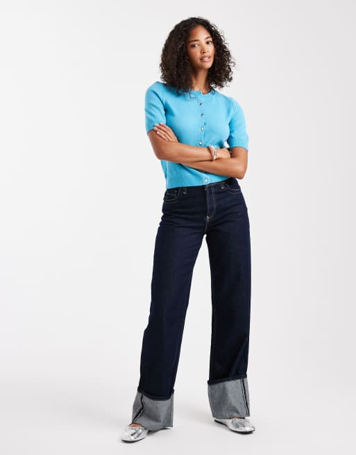 ASOS DESIGN structured short sleeve cardigan with silver buttons in aqua, 3 of 4
