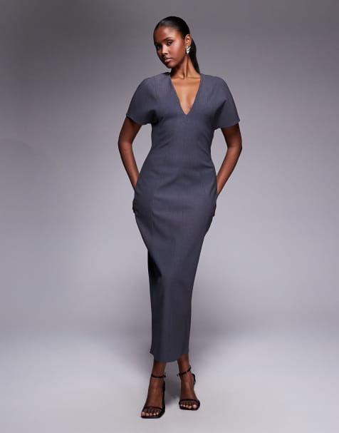 ASOS DESIGN structured short sleeve V neck seamed midi dress in charcoal - view 1