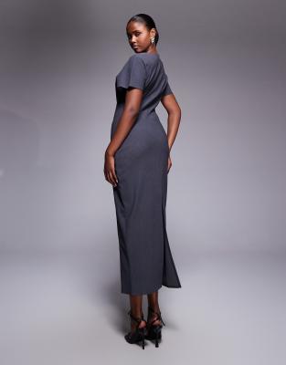 Asos Design Structured Short Sleeve V-neck Seamed Midi Dress In Gray