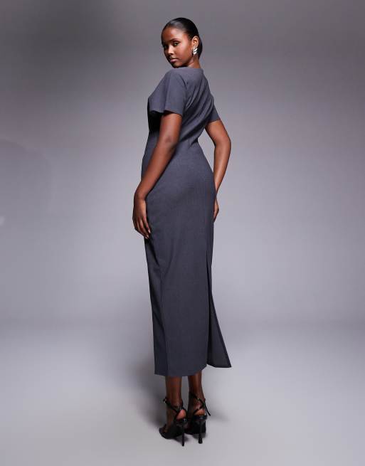ASOS DESIGN structured short sleeve v-neck seamed midi dress in charcoal, 2 of 4