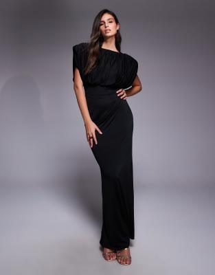 Asos Design Structured Shoulder Maxi Dress With Exposed Corset In Black