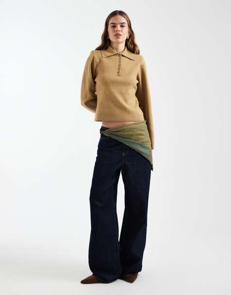 ASOS DESIGN structured shoulder pad polo top in camel - view 1