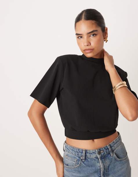 ASOS DESIGN structured shoulder pad top with open back detail in black - view 1