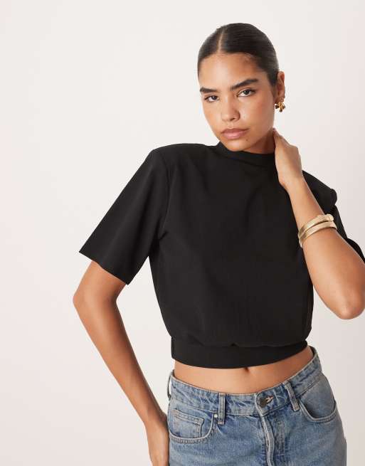 ASOS DESIGN structured shoulder pad top with open back detail in black