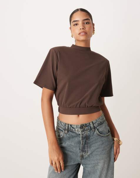 ASOS DESIGN structured shoulder pad top with open back detail in chocolate - view 1