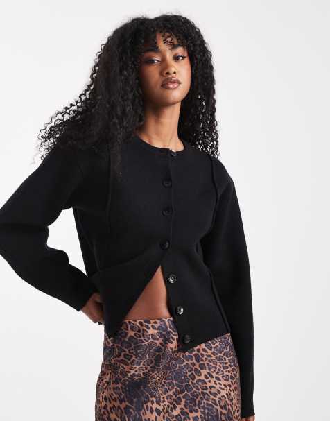 ASOS DESIGN structured shoulder pad waisted crew neck cardigan in black - view 1