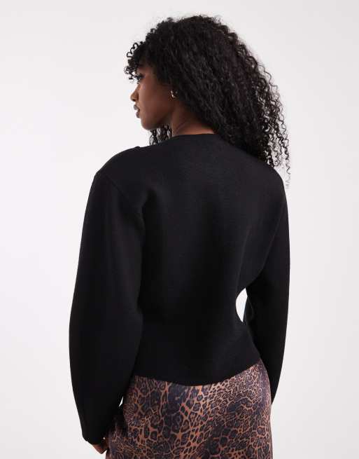 ASOS DESIGN structured compact knit waisted crew neck cardigan in black